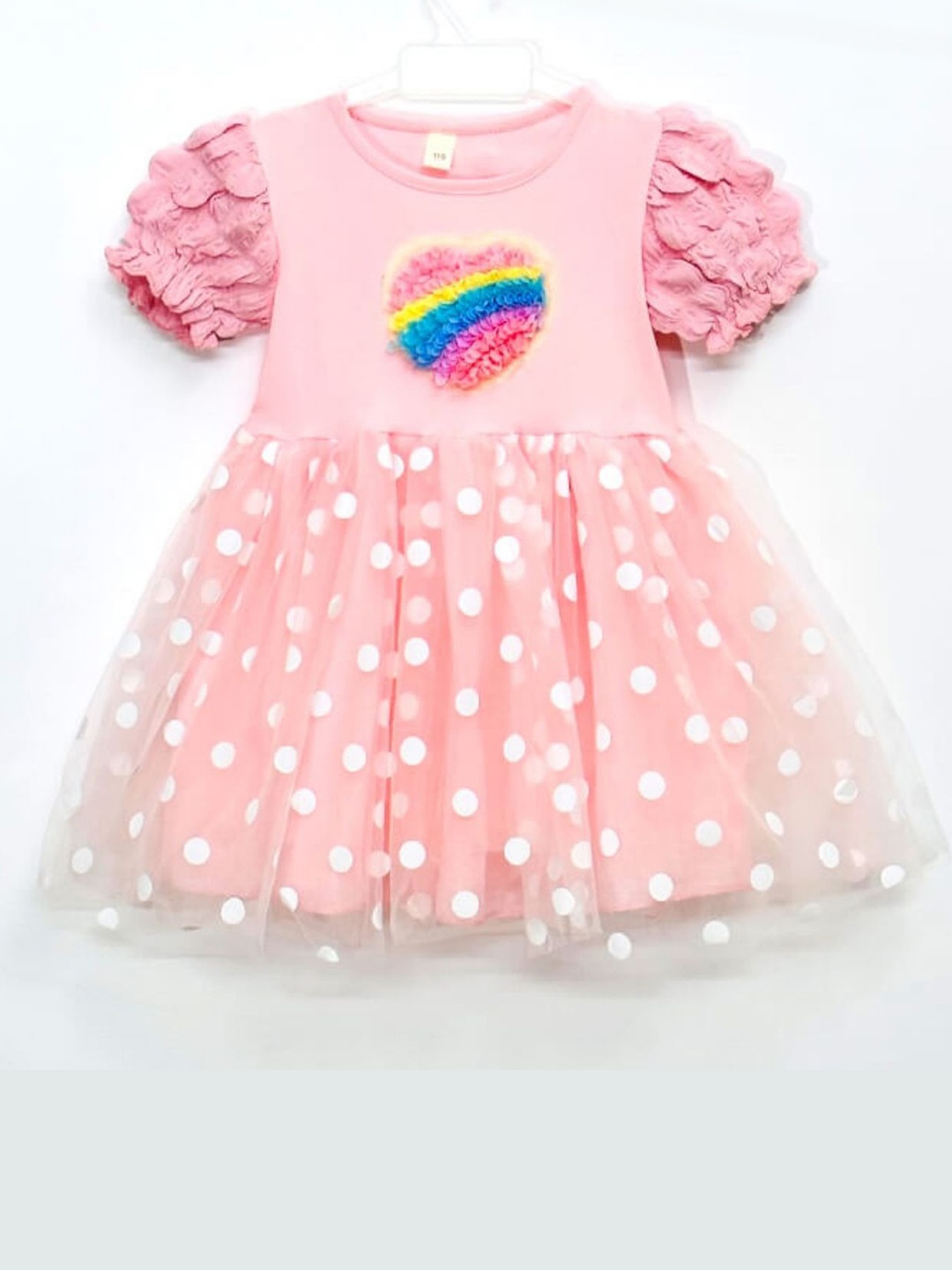 

TrendyKid Polka Dot Print Puff Sleeve Net Fit & Flare Dress, Pink