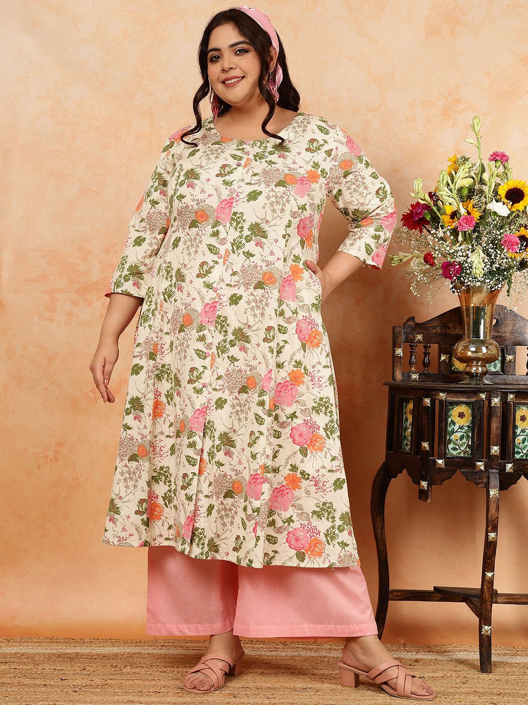 

GULMOHAR JAIPUR Plus Size Floral Printed Round Neck A-Line Kurta, Pink
