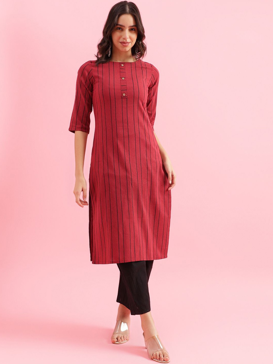 

KALINI Striped Round Neck Straight Kurta, Red