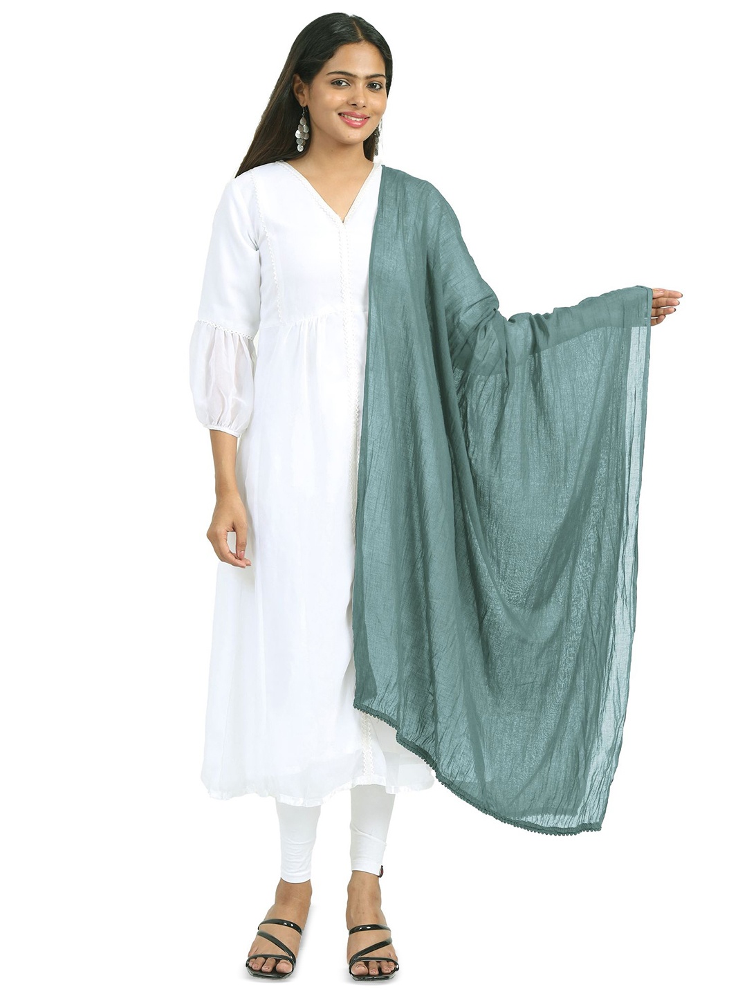 

MIRAAN Cotton Dupatta with PomPom Border, Green