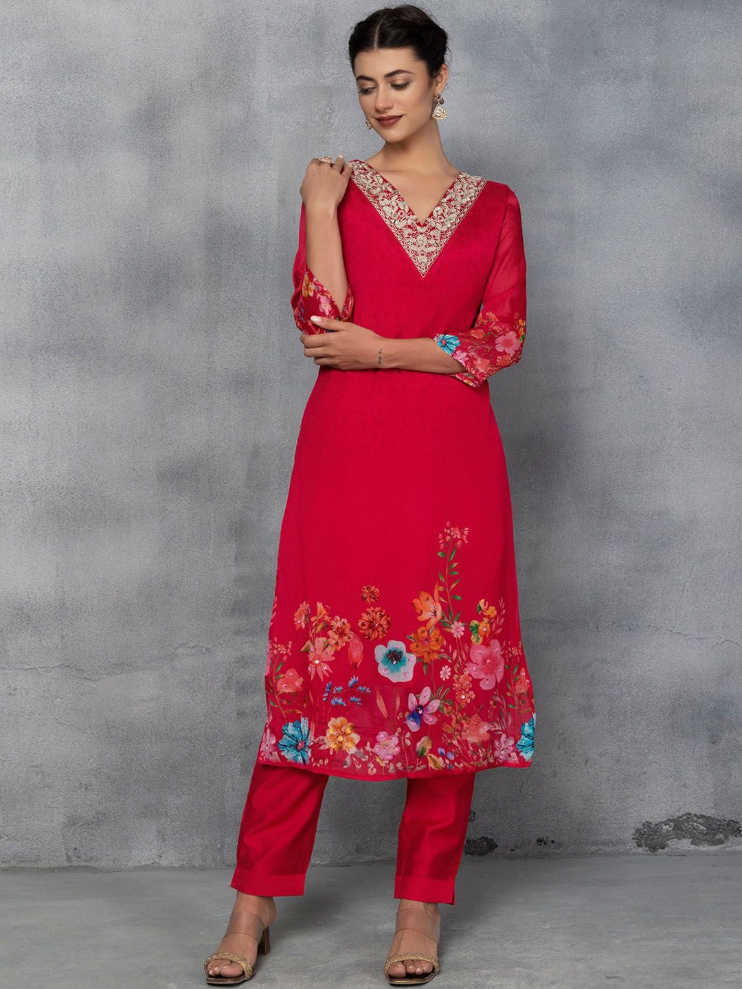 

Rang by Indya Floral Embroidered Mirror Work Straight Kurta With Trousers & Dupatta, Red