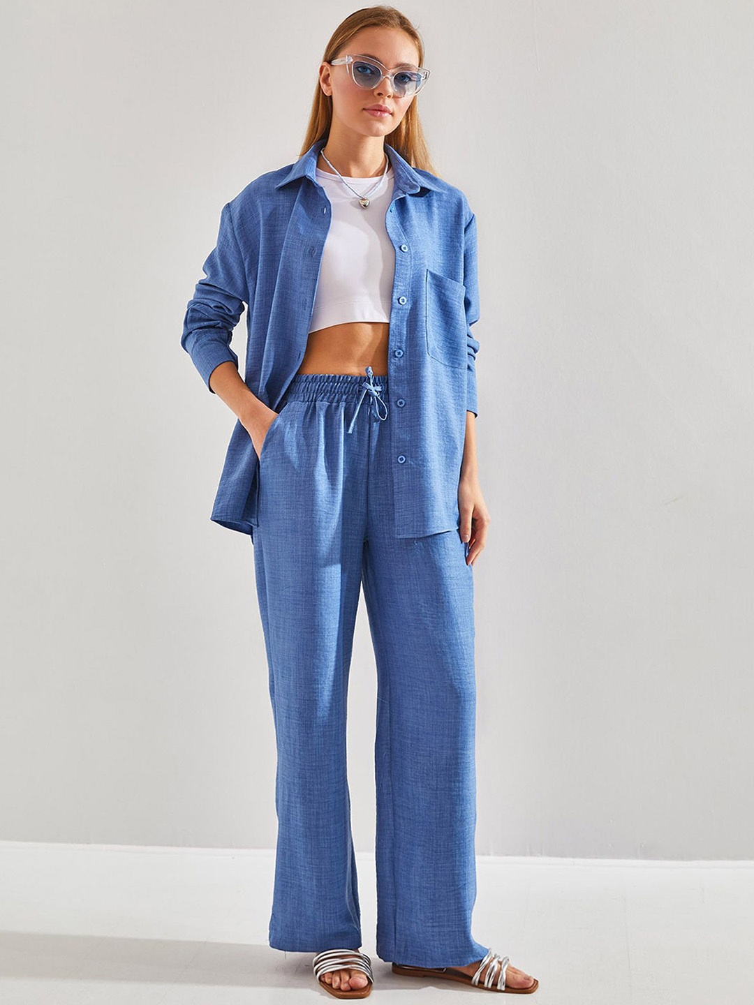 

BIANCO LUCCI Long Sleeves Pure Cotton Shirt & Trouser, Blue