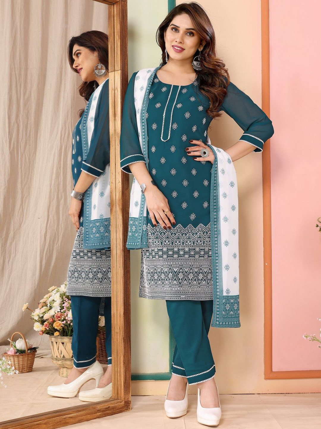 

Titanium Silk Industries Women Ethnic Motifs Printed Regular Kurta with Trousers & With Dupatta, Blue