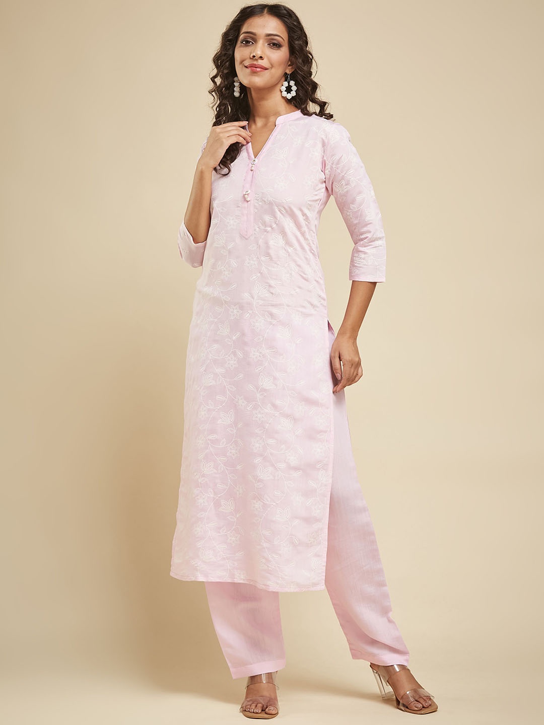 

KALINI Floral Printed V Neck Chanderi Silk Straight Kurta with Trousers, Pink