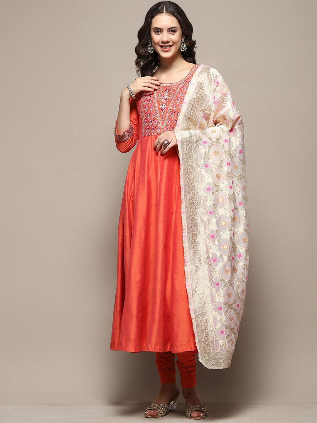 

Biba Floral Yoke Design Thread Work Kurta with Churidar & Dupatta, Orange