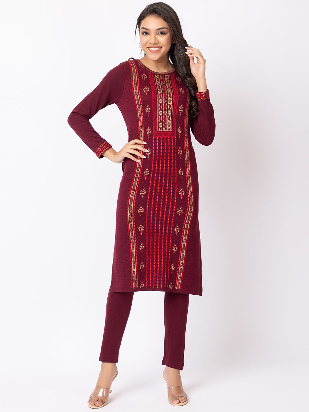 

Anouk Women Geometric Striped Cold-Shoulder Sleeves Thread Work Jacquard Winter Wear Kurta, Maroon