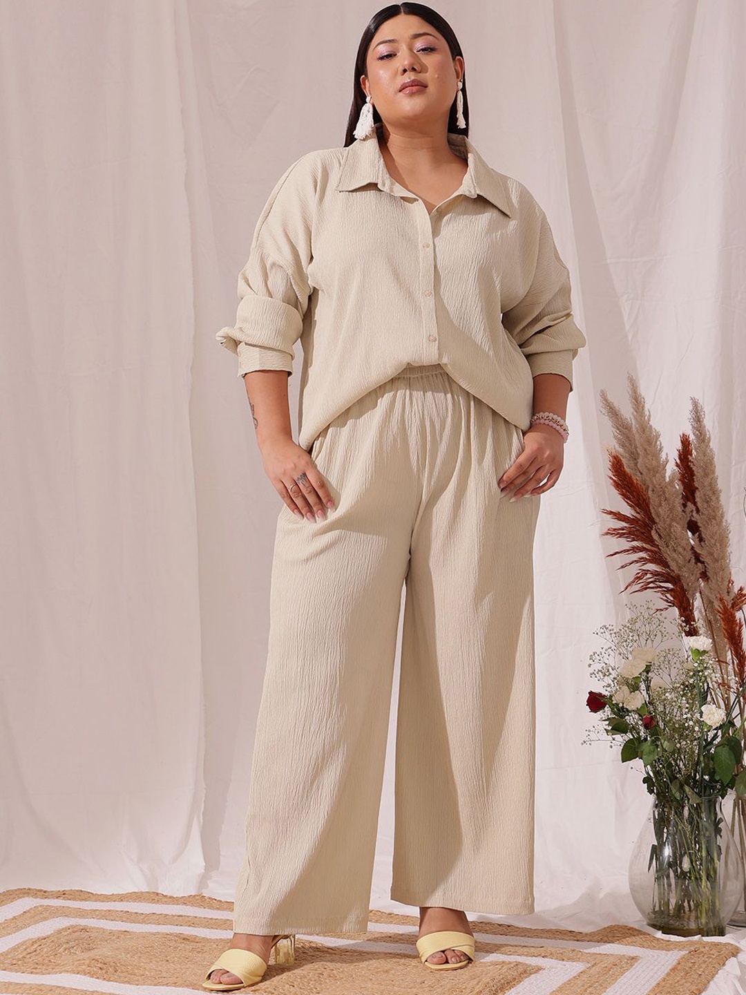 

CURVY STREET Plus Size Long Sleeves Shirt With Trousers, Beige