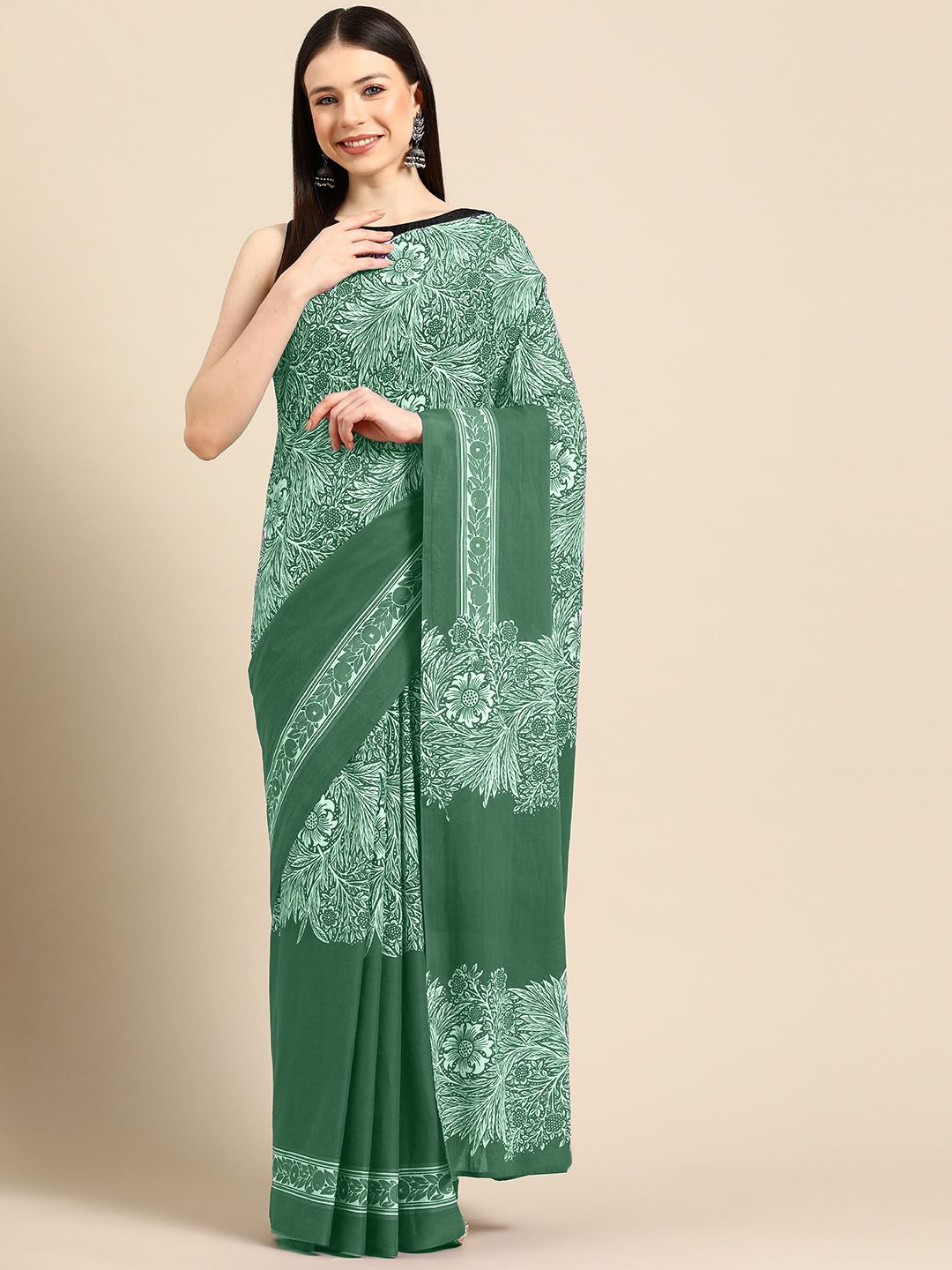 

BUTA BUTI Floral Pure Cotton Saree, Green