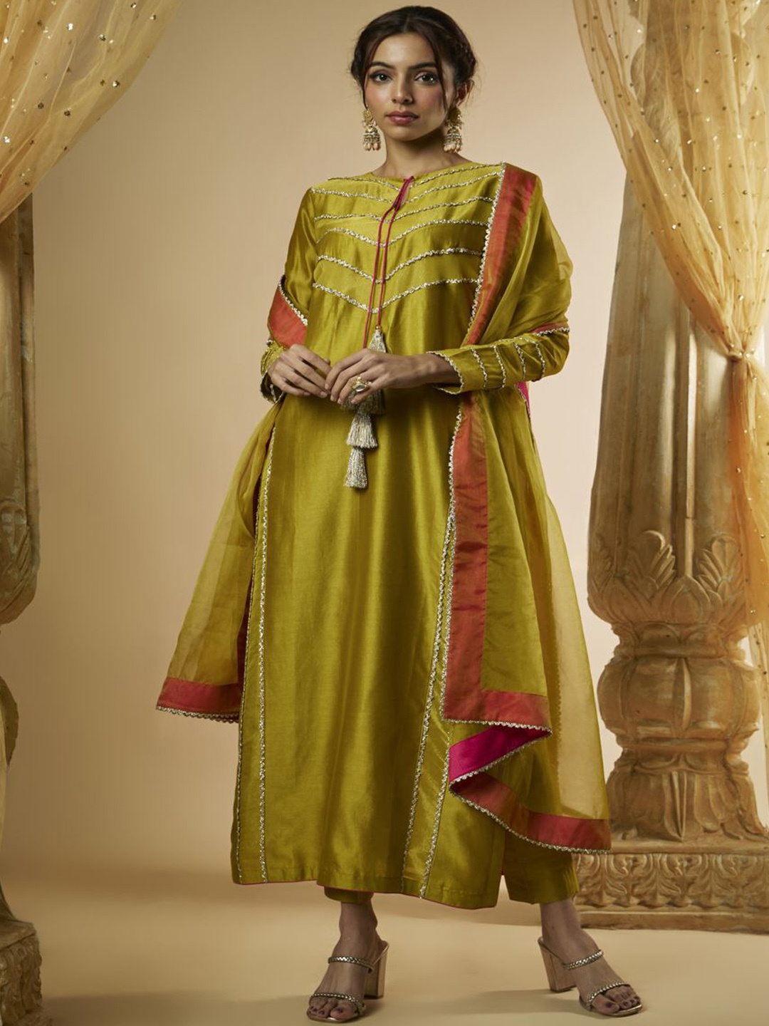 

The Aarya Gotta Patti Tie-Up Neck Straight Kurta With Trousers & Dupatta, Olive