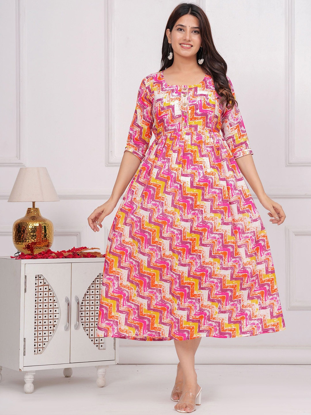 

NITVAN Chevron Printed Cotton Maternity Fit and Flare Ethnic Dress, Pink