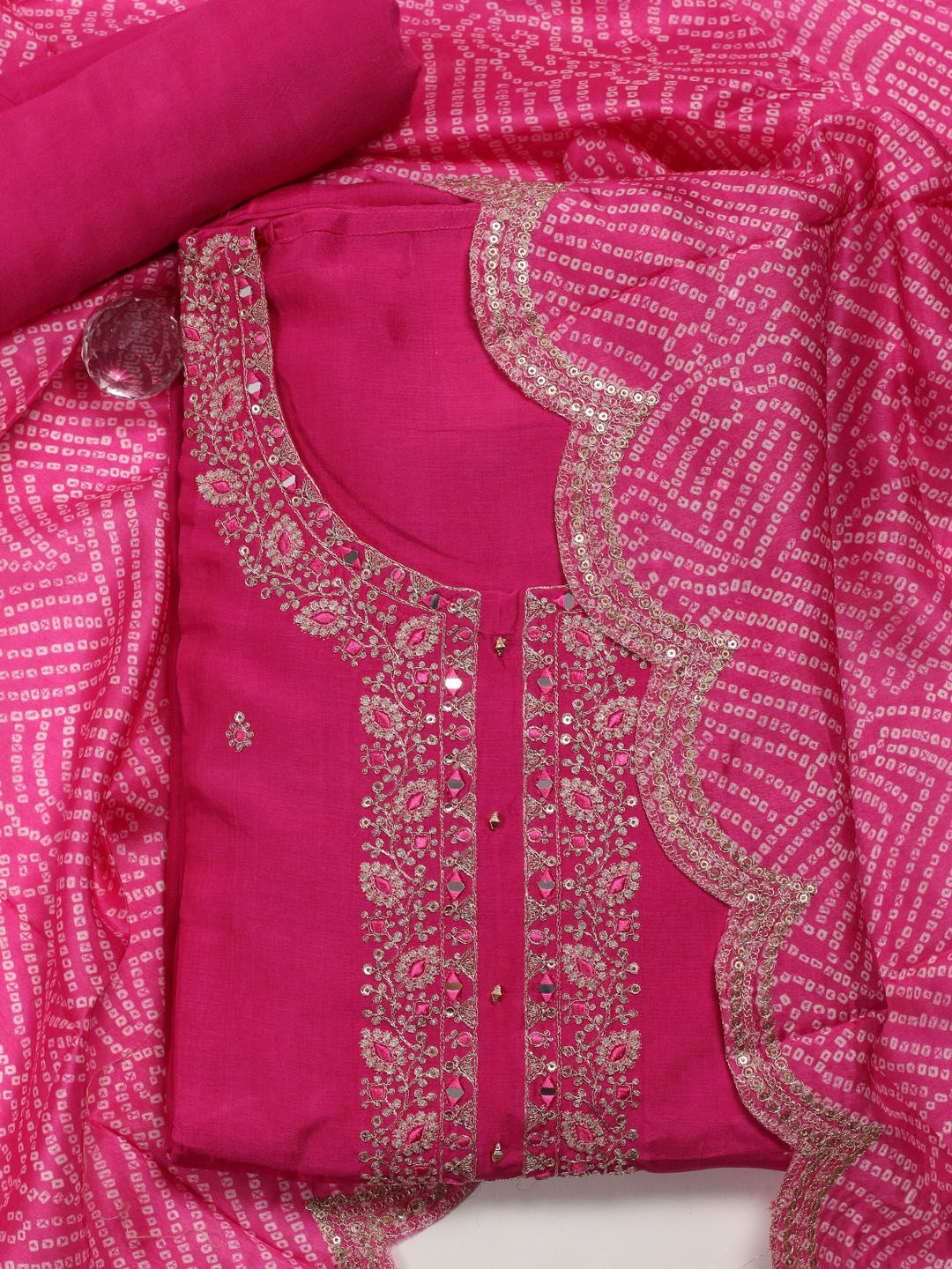 

Meena Bazaar Embroidered Art Silk Unstitched Dress Material, Pink