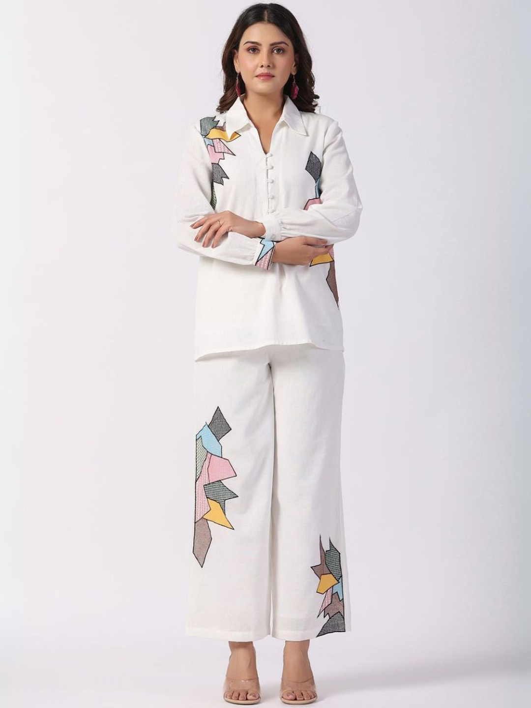 

Zolo Label Abstract Printed Shirt Collar Shirt With Trousers, White