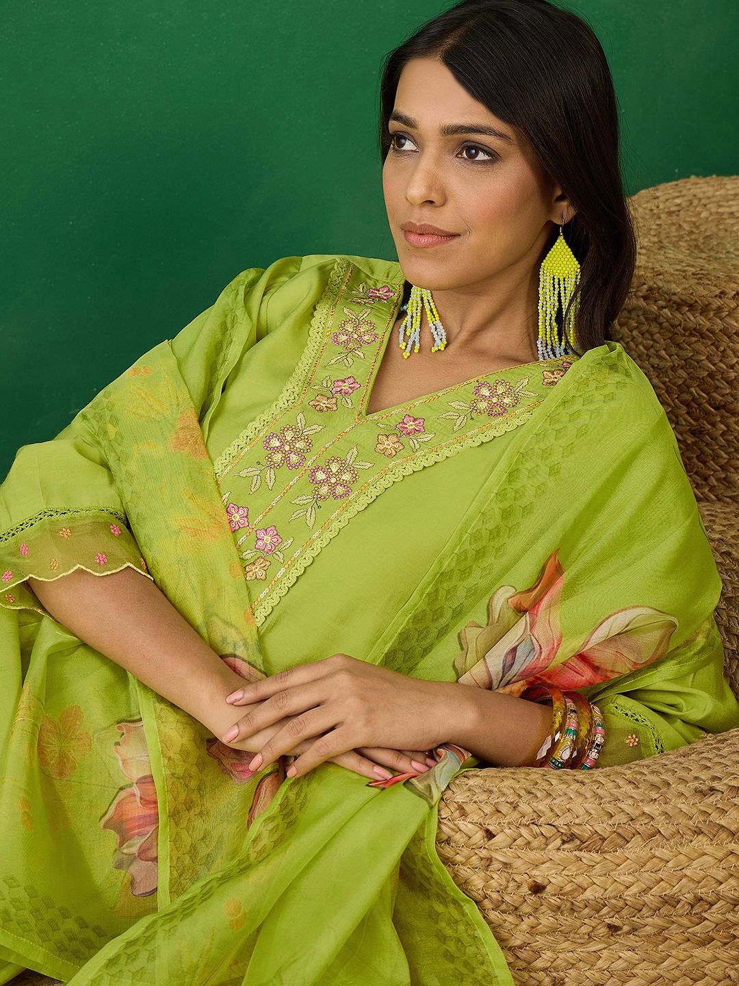 

Sangria Embroidered Kurta With Trouser & Dupatta, Green