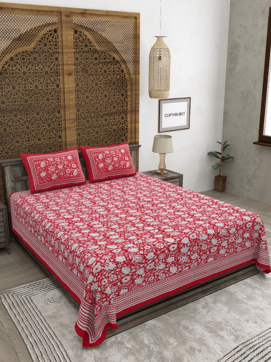 

CLOTHOLOGY Red & White Floral 180 TC Cotton King Bedsheet with 2 Pillow Covers
