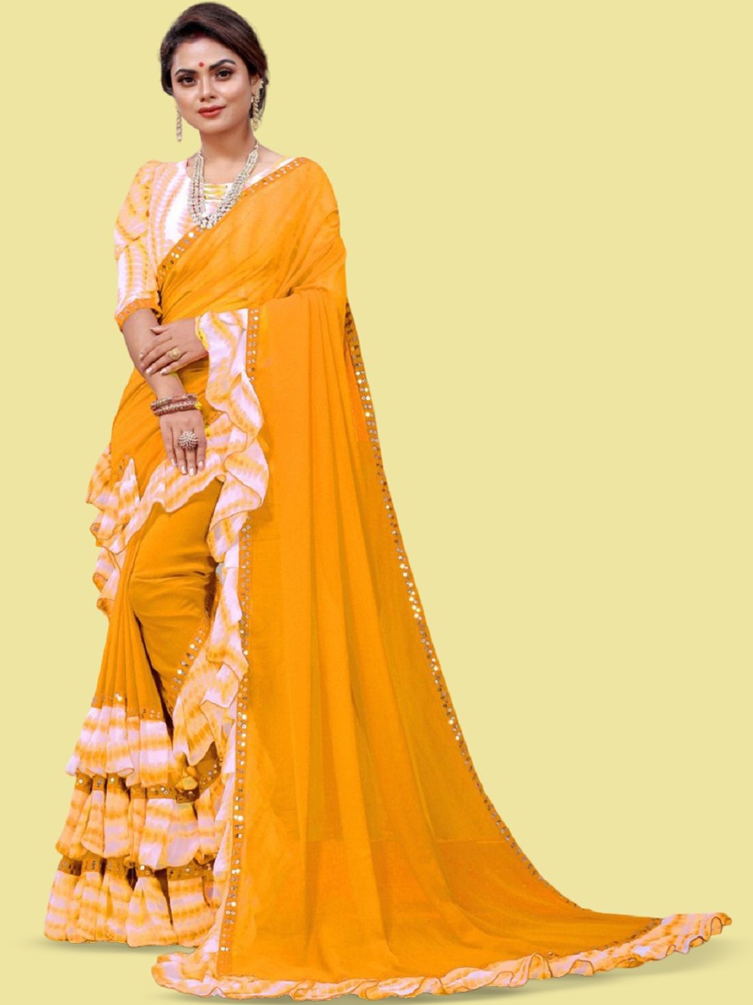 

APNISHA Tie and Dye Sequinned Pure Georgette Saree, Yellow