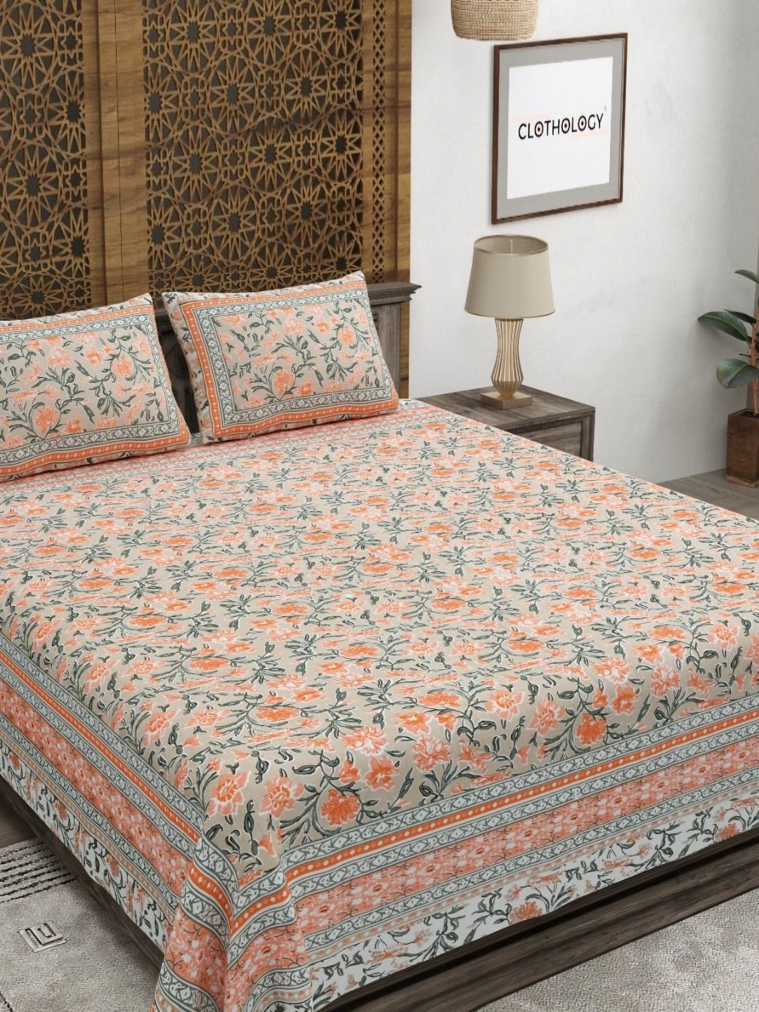 

CLOTHOLOGY Orange & White Floral 180TC Pure Cotton Double King Bedsheet & 2 Pillow Covers