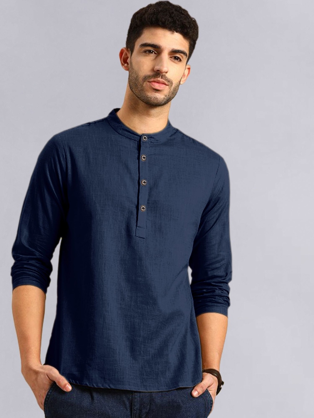 

allan peter Mandarin Collar Pure Cotton Straight Kurta, Navy blue