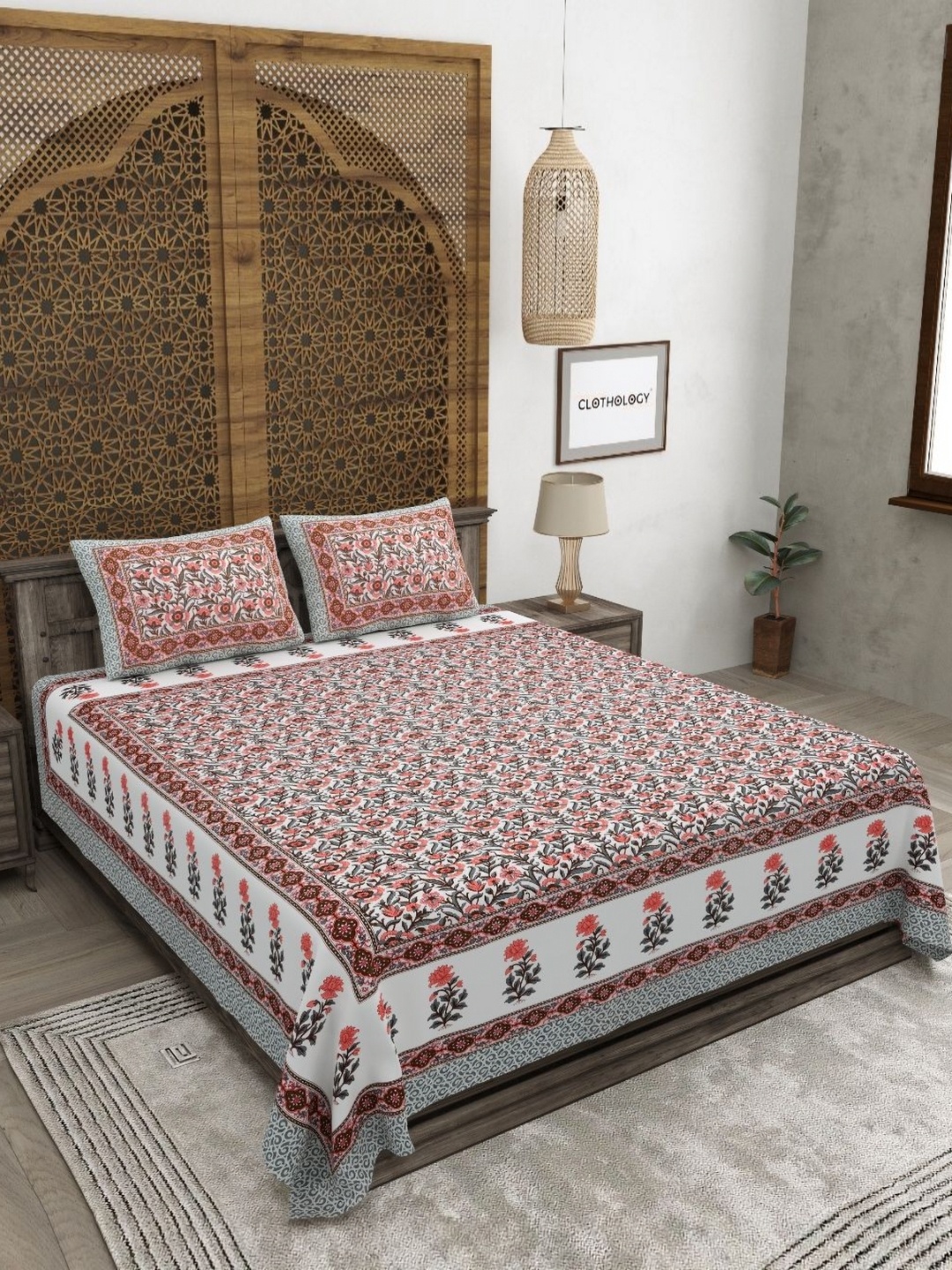 

CLOTHOLOGY Grey & White Floral 180 TC Cotton King Bedsheet with 2 Pillow Covers