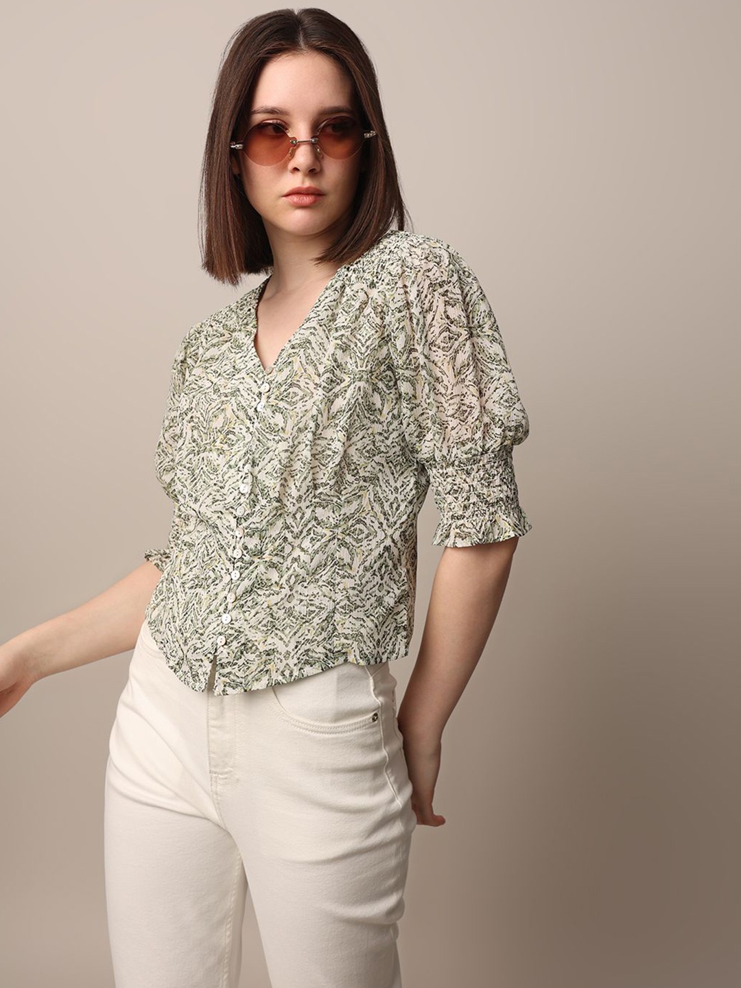 

ONLY Animal Print Mandarin Collar Georgette Shirt Style Top, Green