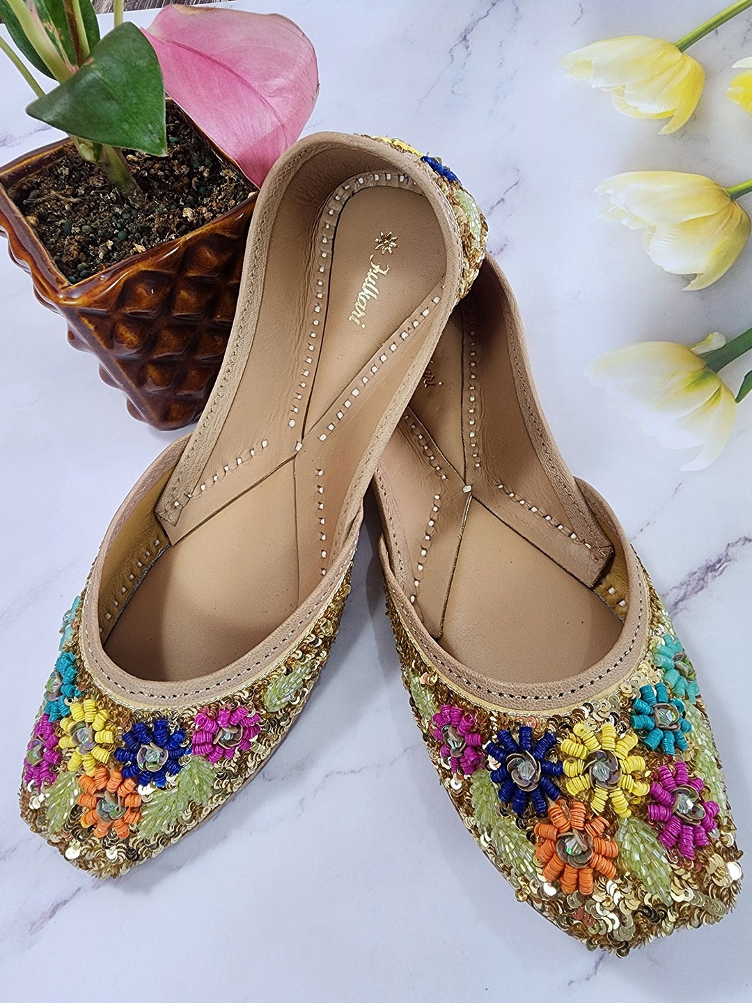 

Fulkari Women Ethnic Leather Mojaris Flats, Gold