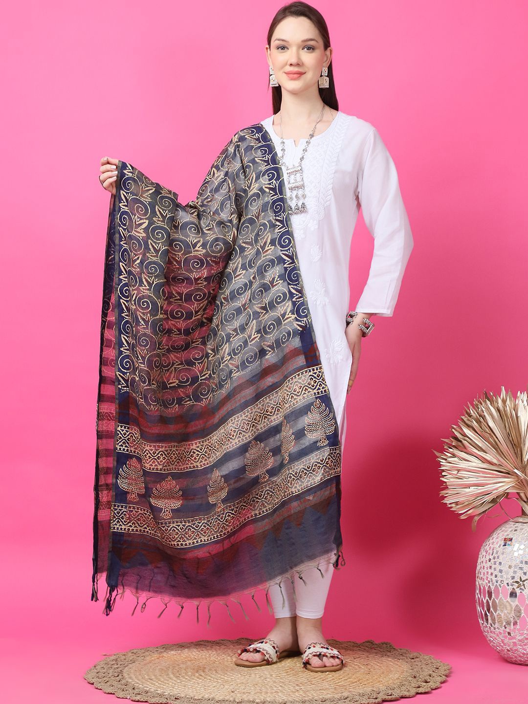 

LOOM LEGACY Ethnic Motifs Printed Cotton Silk Dupatta, Navy blue