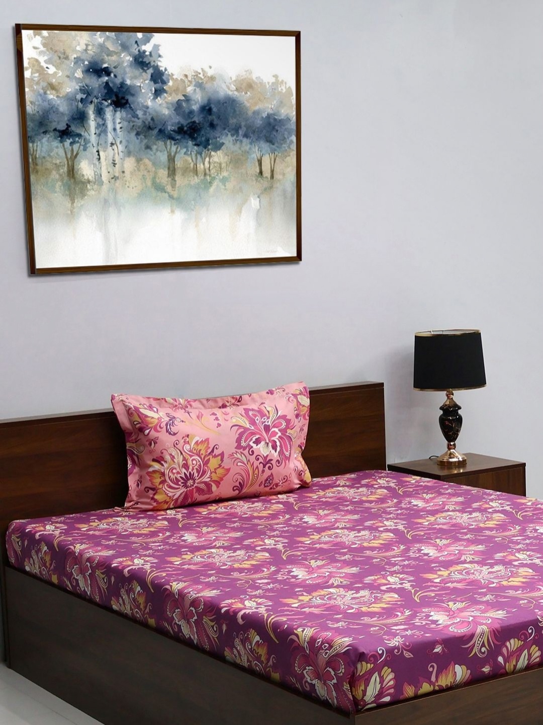 

BOMBAY DYEING Blumen Magenta & Yellow Floral 104 TC Pure Cotton Single Bedsheet Set