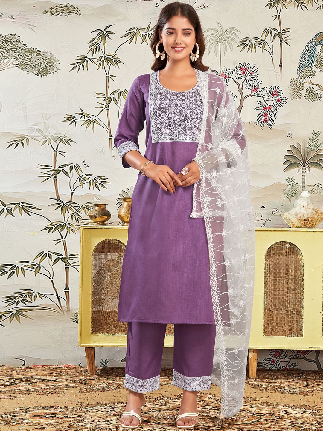 

KALINI Floral Yoke Design Sequinned Straight Kurta with Trousers & Dupatta, Purple