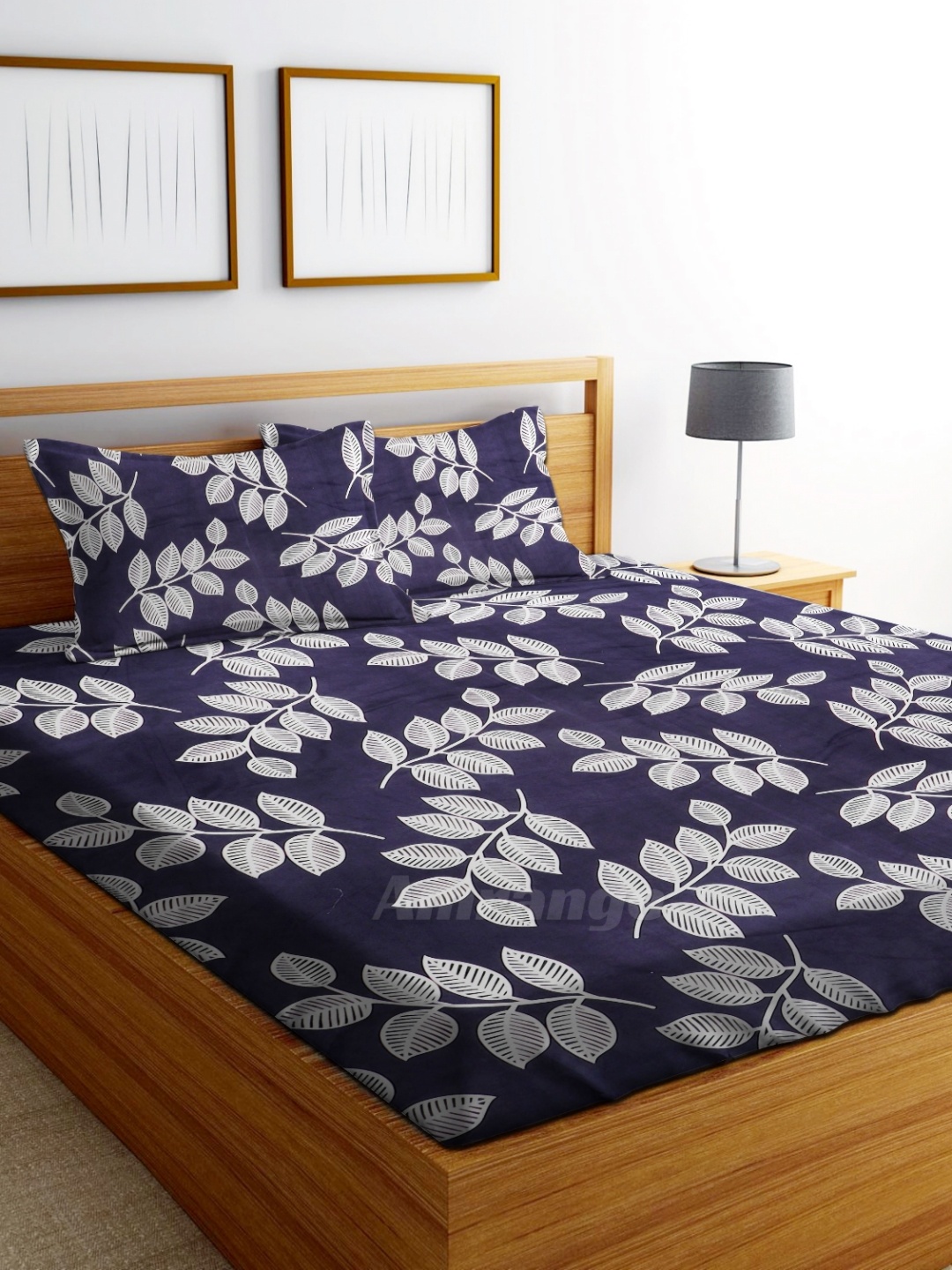 

AMRANGE Navy Blue & White Floral 250 TC King Bedsheet With 2 Pillow Covers