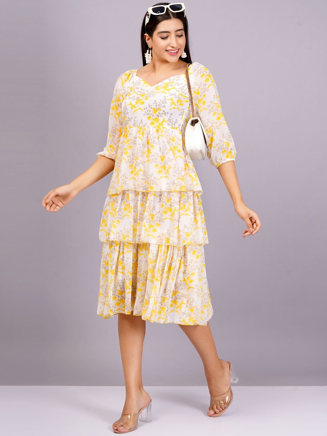 

HIGHLIGHT FASHION EXPORT Floral Print Georgette A-Line Midi Dress, Yellow