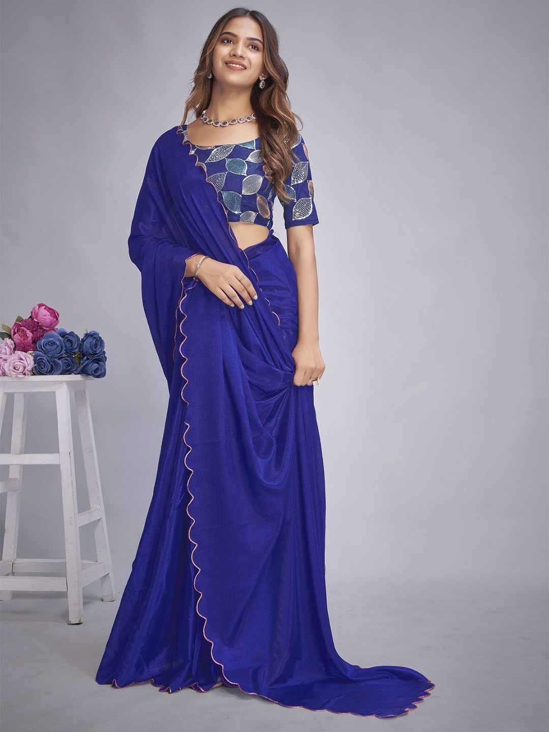 

JULEE Embroidered Pure Chiffon Saree, Blue