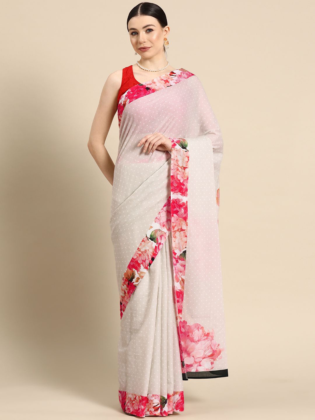 

BUTA BUTI Polka Dot Pure Cotton Saree, Red
