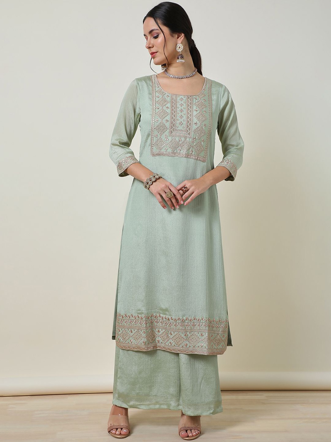 

Soch Women Ethnic Motifs Embroidered Regular Sequinned Kurta with Palazzos & With Dupatta, Green