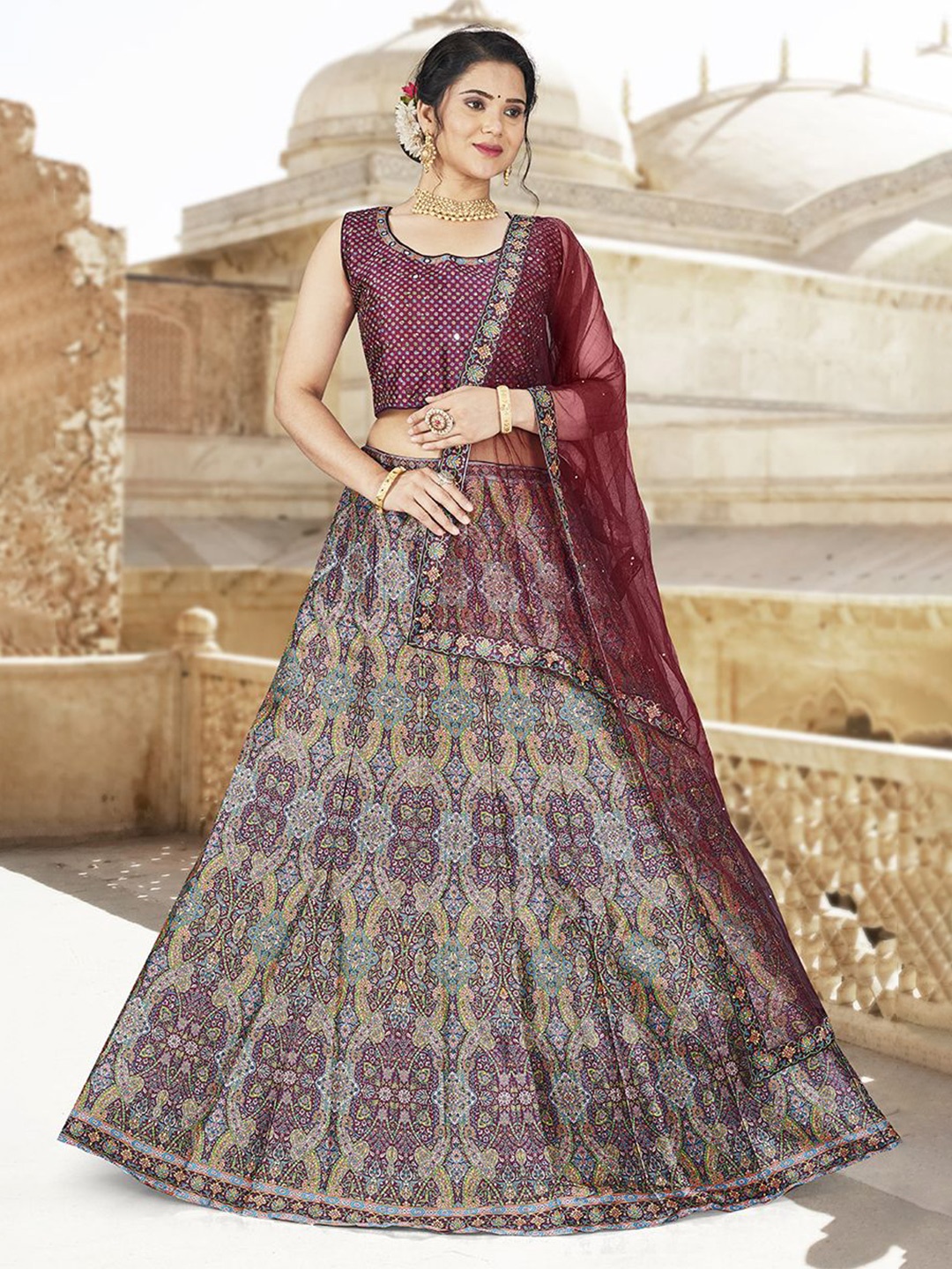 

EthnicTree Printed Beads and Stones Ready to Wear Lehenga & Blouse With Dupatta, Purple