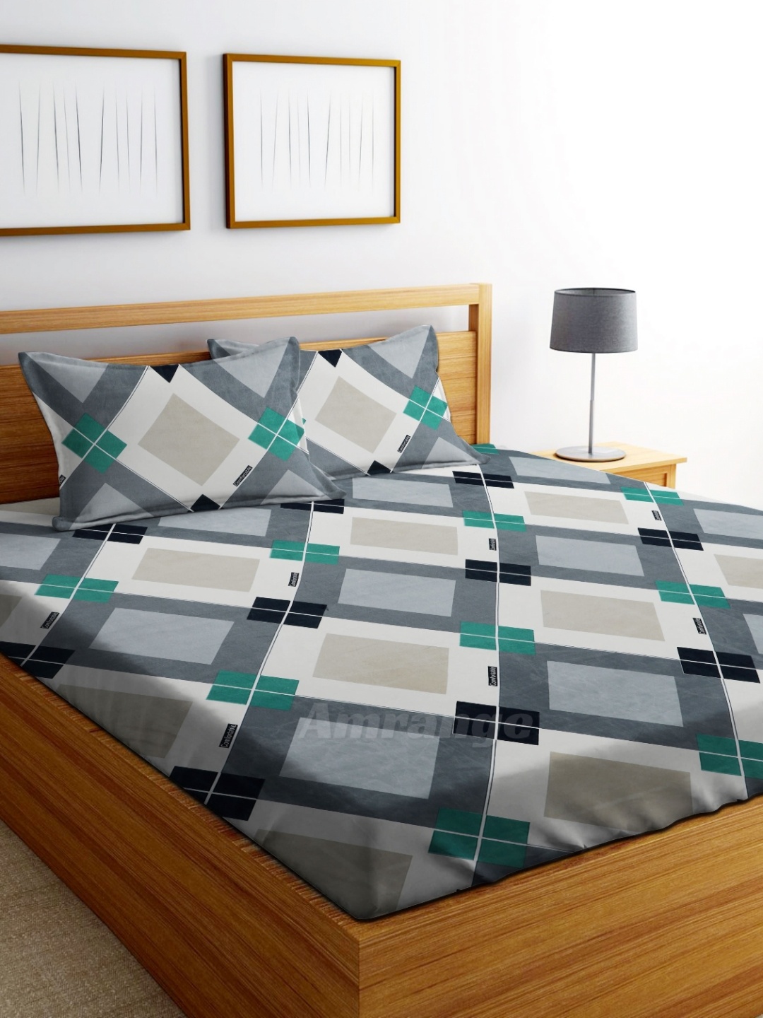 

AMRANGE White & Green Geometric 250 TC King Bedsheet With 2 Pillow Covers