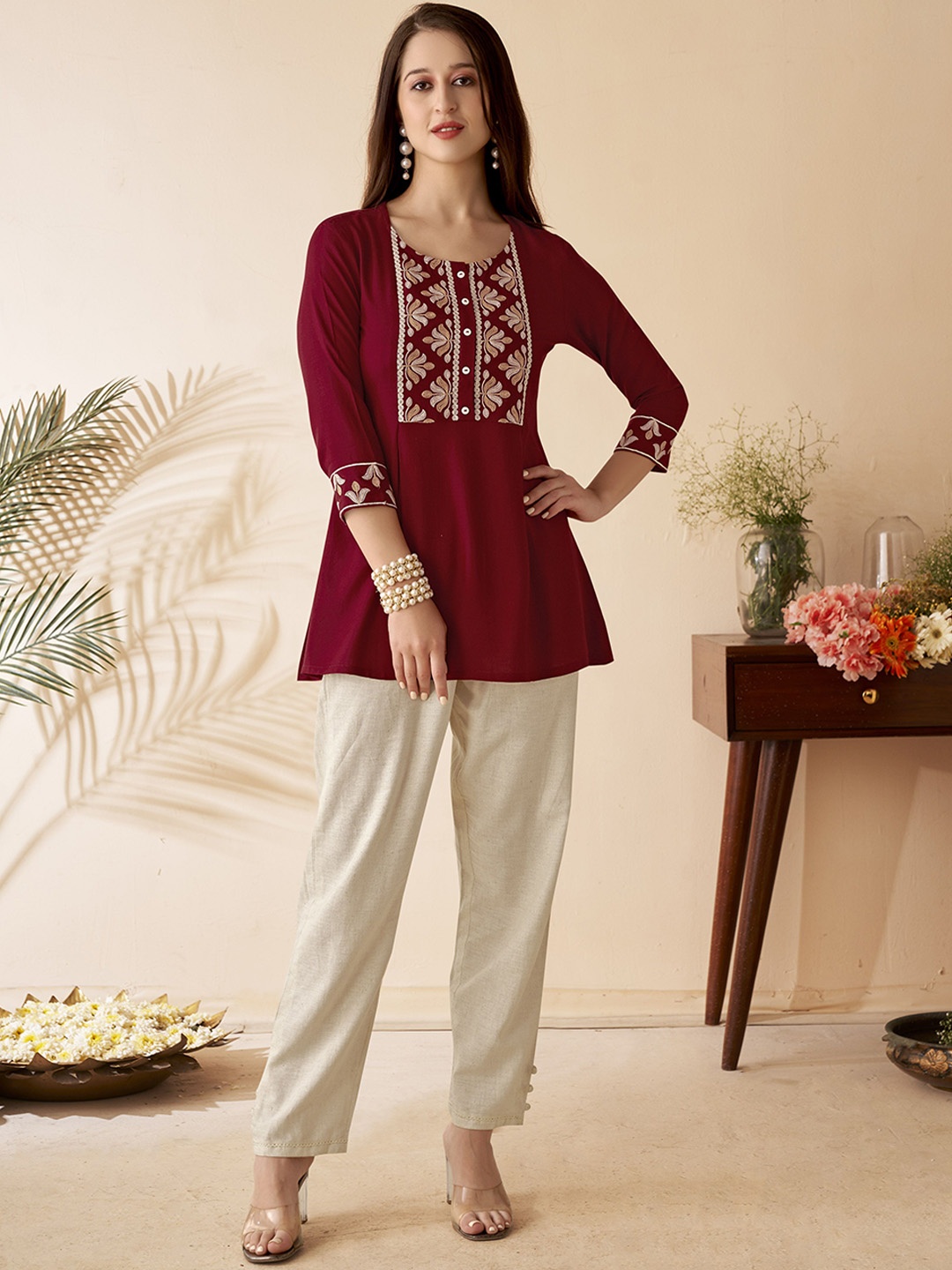 

Anouk Floral Yoke Design Thread Work Short Kurti, Maroon