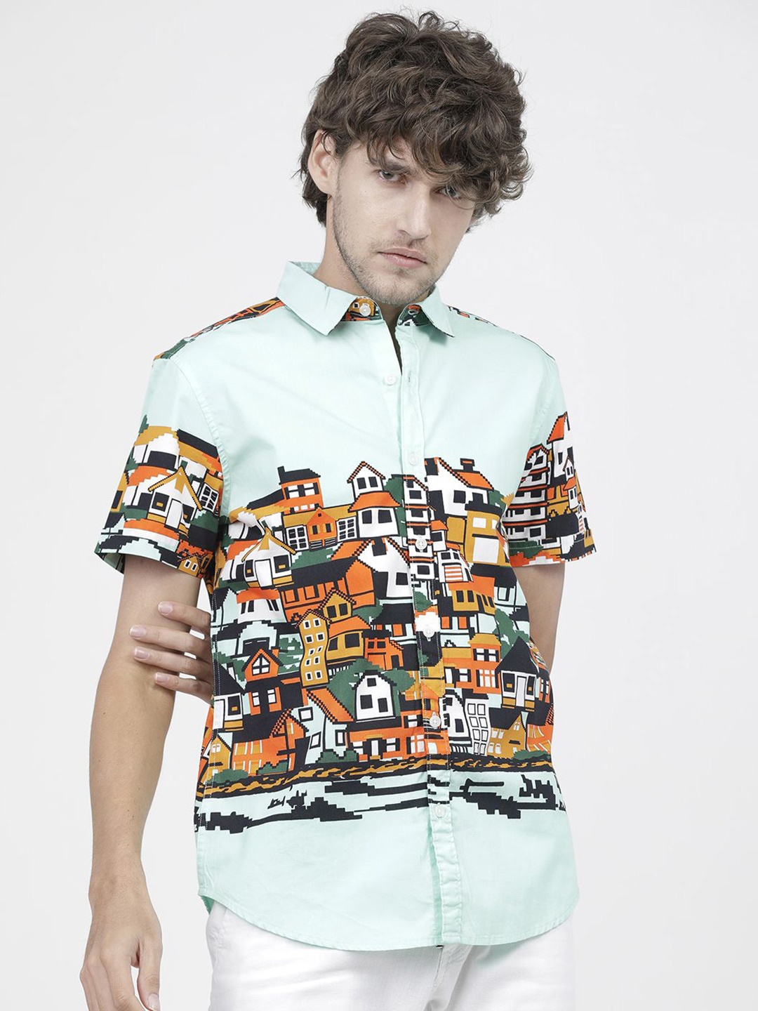 

HIGHLANDER Men Slim Fit Opaque Printed Casual Shirt, Green
