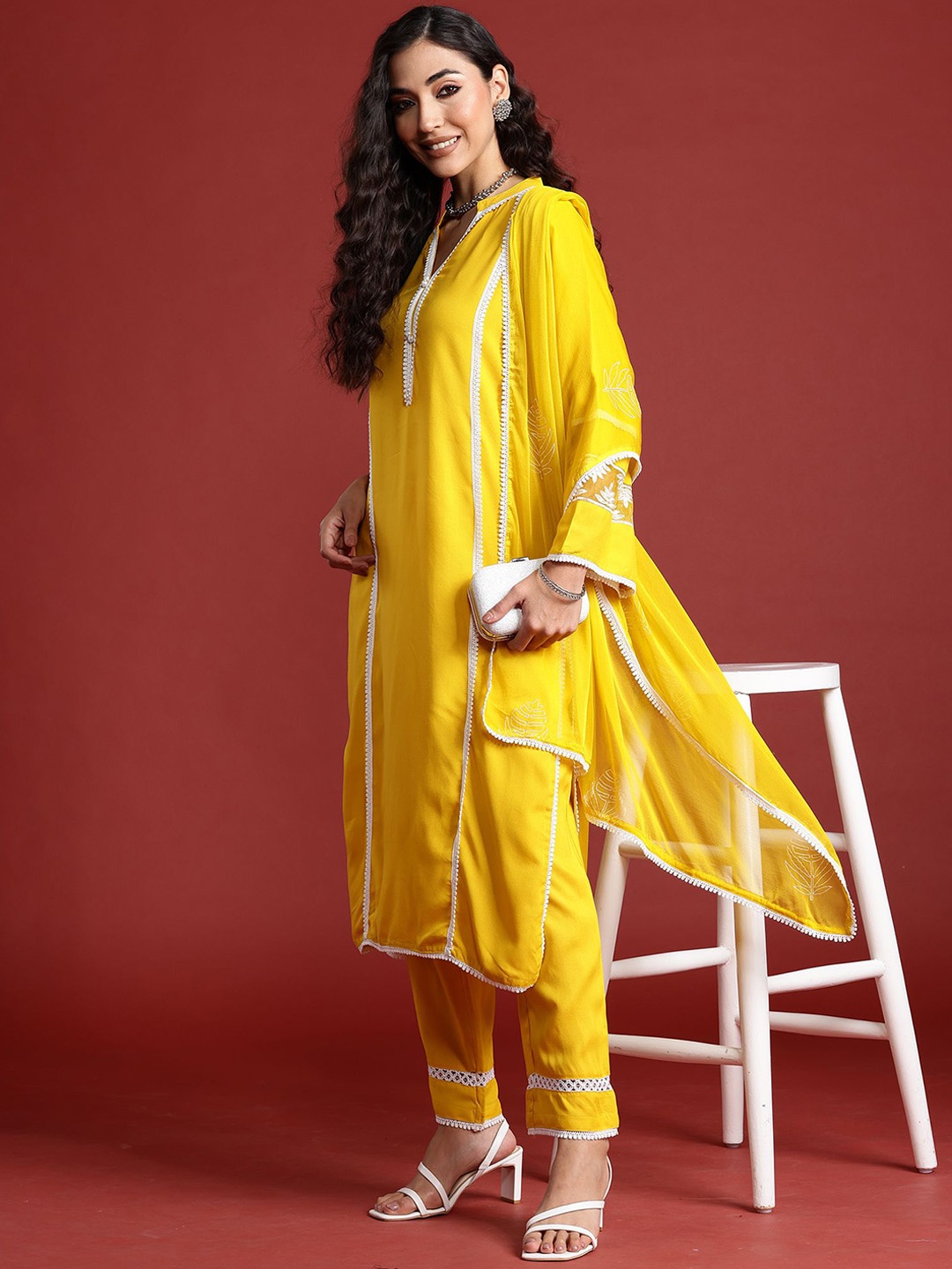 

Anouk Women Embroidered Panelled Thread Work Kurta with Trousers & With Dupatta, Yellow