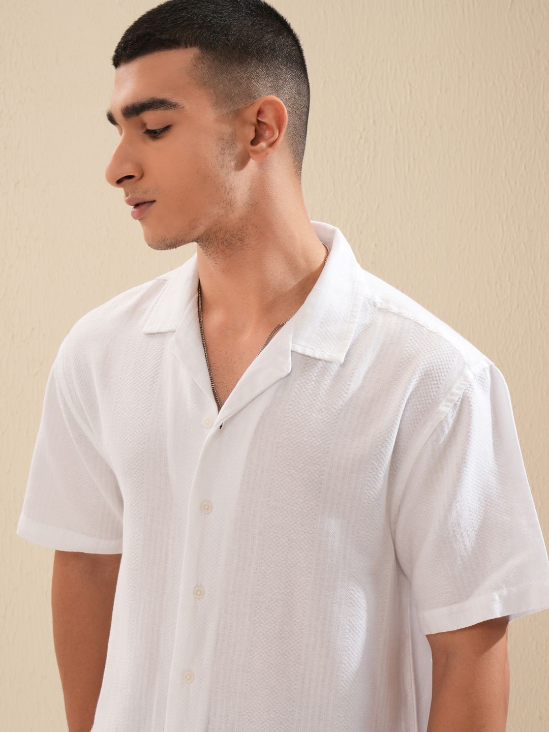 

Highlander Men Waffle Dobby Textured Solid Cuban Collar Relaxed Shirt, White