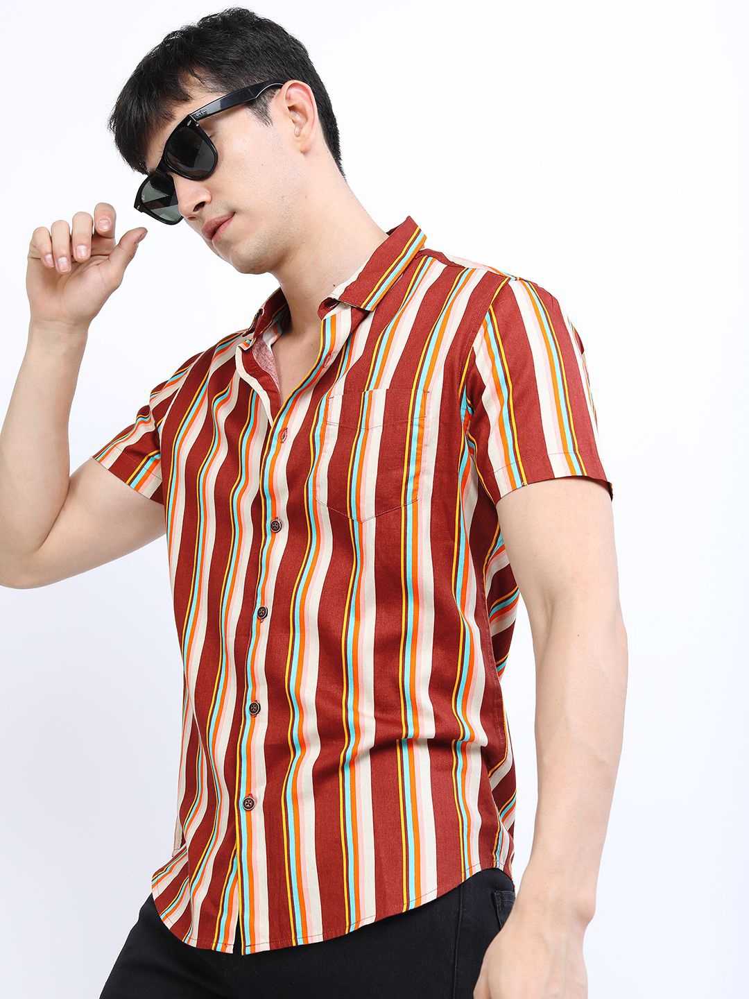 

HIGHLANDER Men Slim Fit Opaque Striped Casual Shirt, Maroon