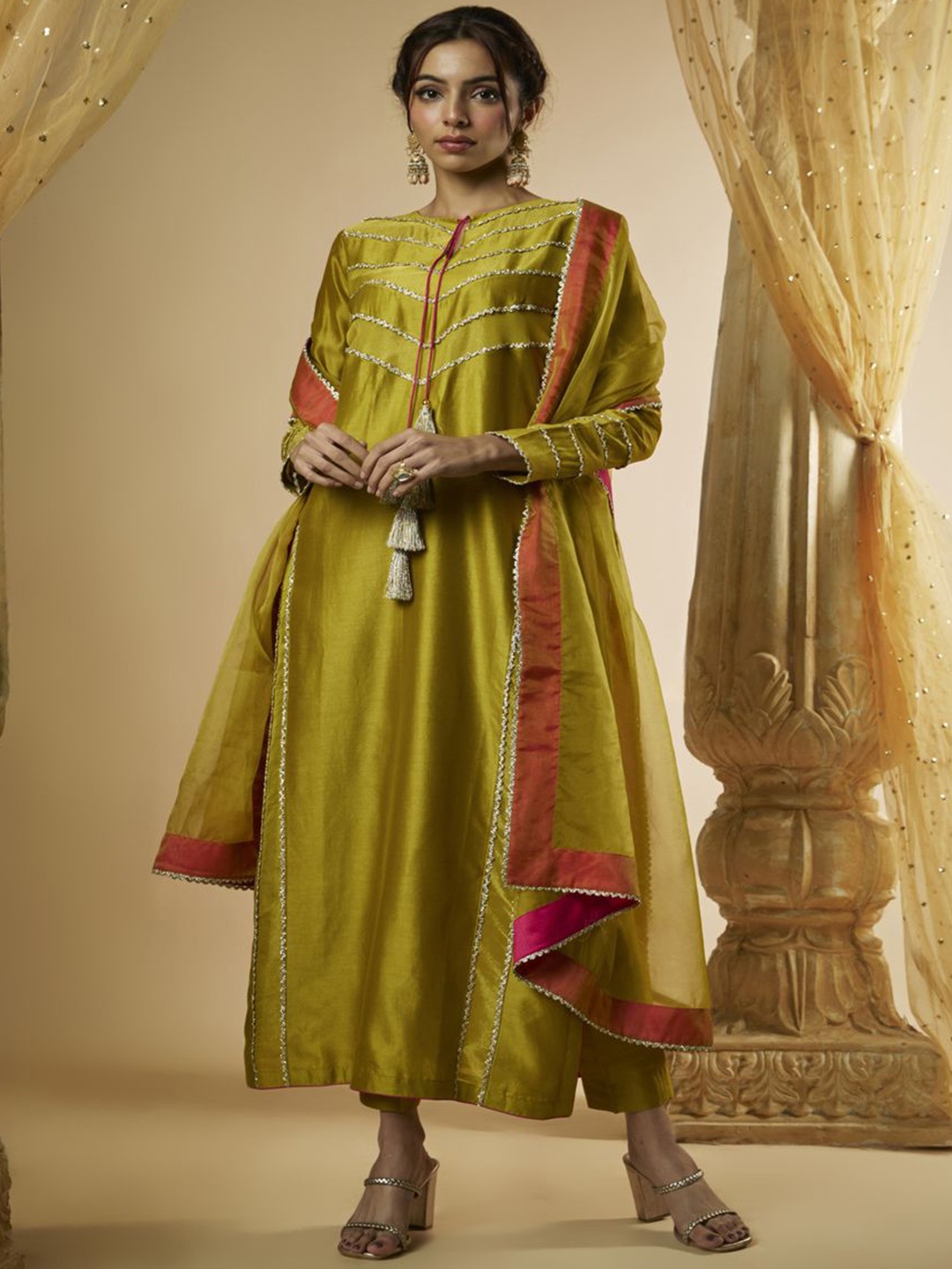 

The Aarya Yoke Design Chanderi Cotton Straight Kurta with Trousers & With Dupatta, Olive