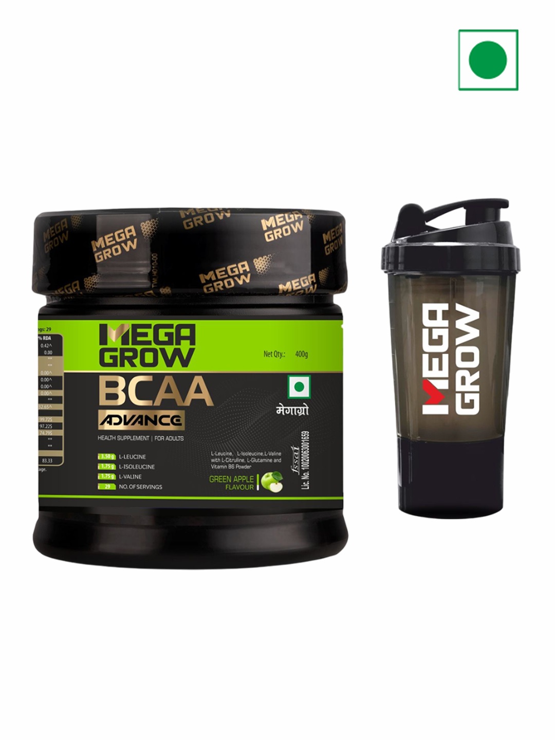 

Megagrow BCAA Advance Intra/Pre Workout Supplement with Shaker Green Apple Flavor, Black