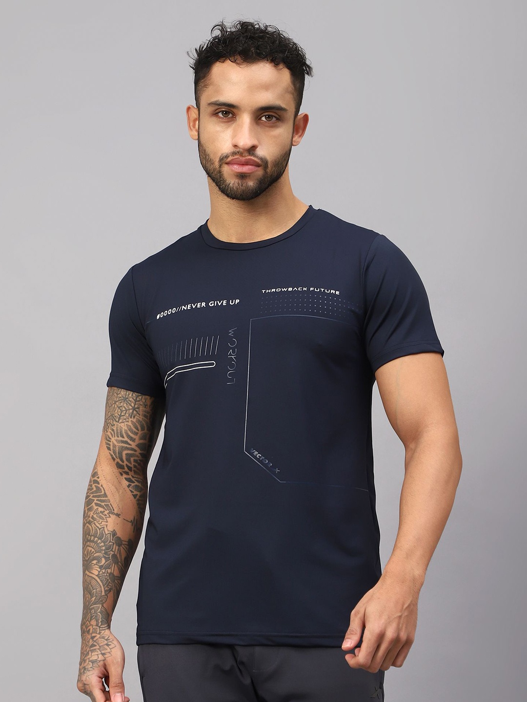 

VECTOR X Men Typography Printed Round Neck T-Shirt, Navy blue