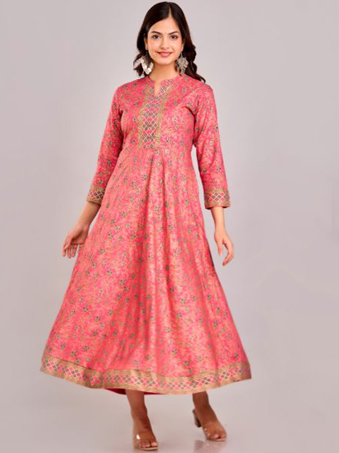 

BAIRAJ Floral Printed Mandarin Collar Anarkali Kurta, Coral