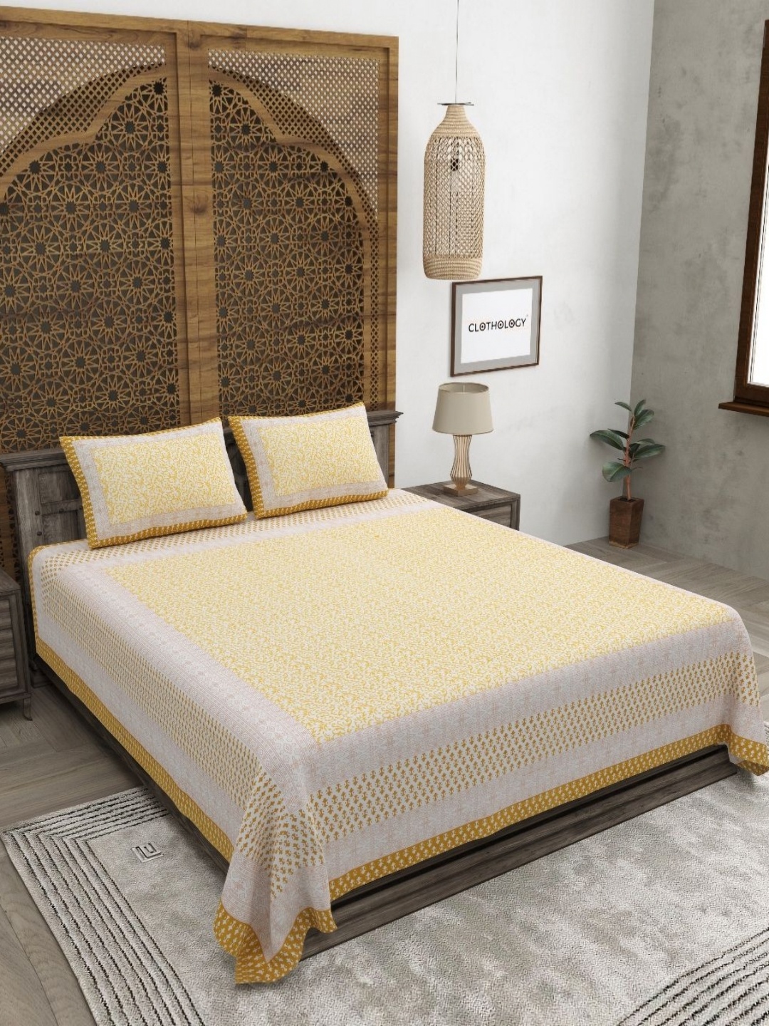 

CLOTHOLOGY Yellow & White Floral 180 TC Cotton King Bedsheet with 2 Pillow Covers