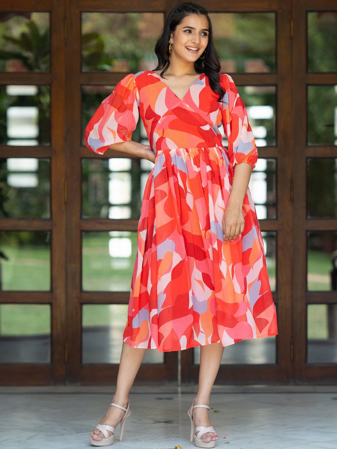 

ASPORA Printed Puff Sleeves Fit & Flared Dress, Orange