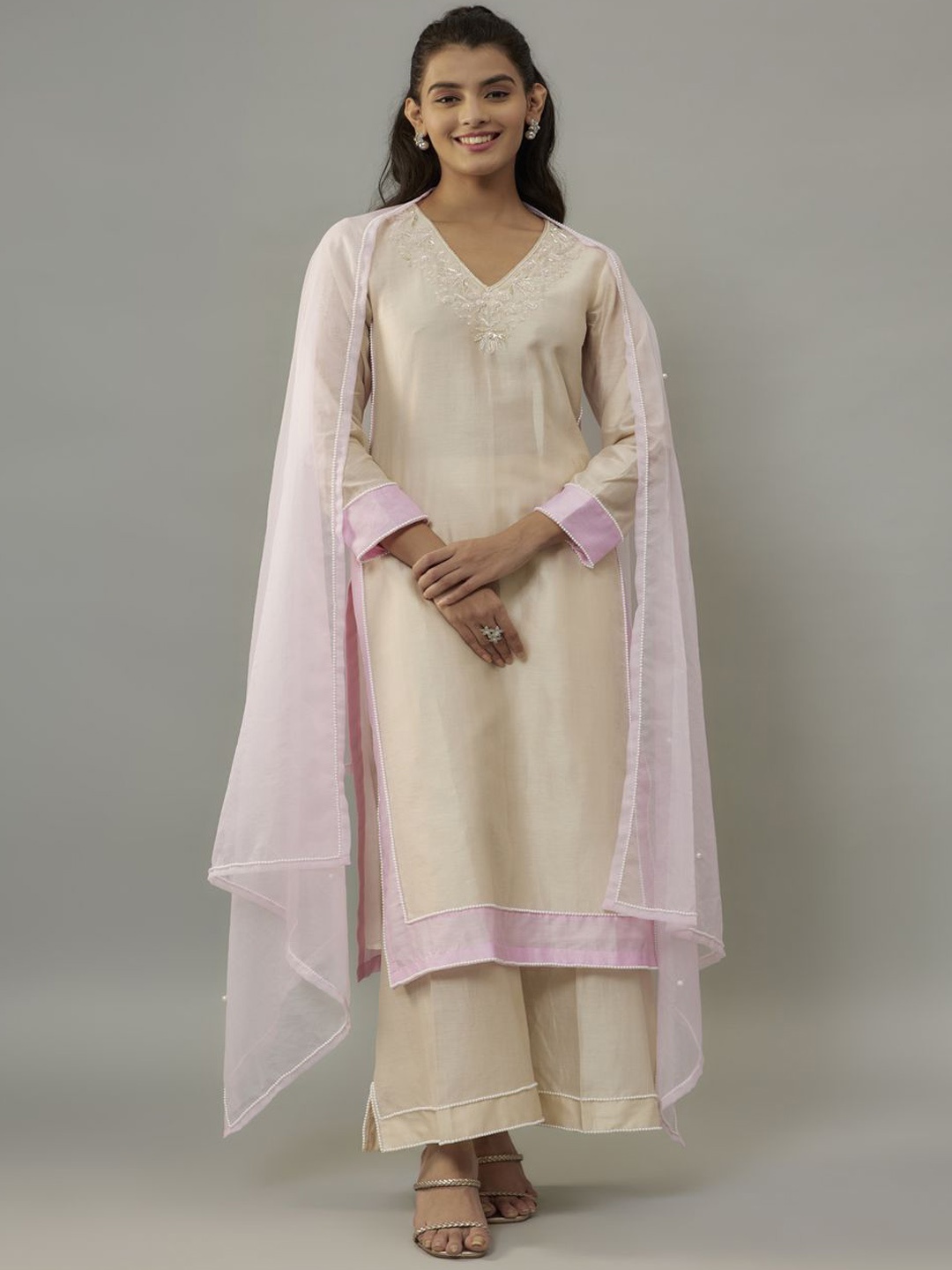 

The Aarya Floral Embellished Beads & Stones Chanderi Cotton Kurta with Trousers & Dupatta, Beige