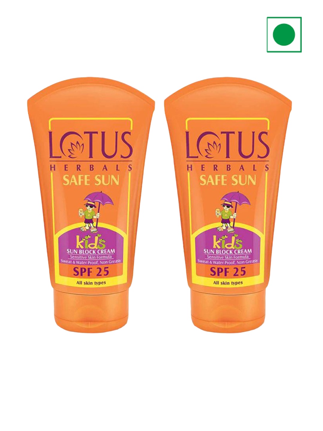 

Lotus Herbals Safe Sun Set Of 2 Kids SPF 25 Sunscreen Cream - 50g Each, Orange