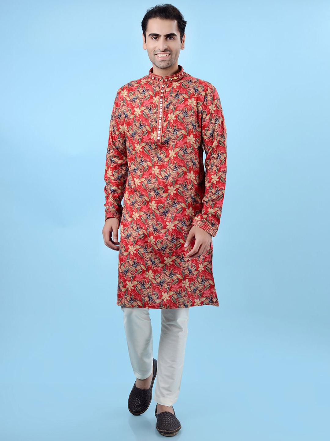 

azania Floral Printed Mirror Work Mandarin Collar Straight Kurta with Pyjamas, Red