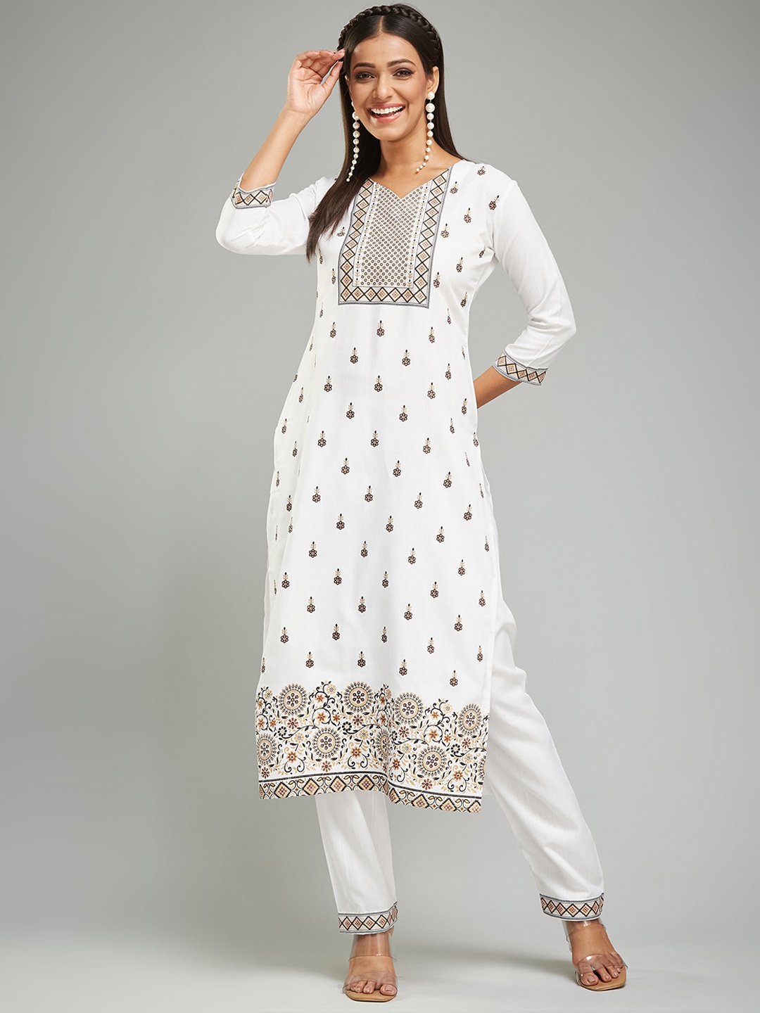 

KALINI Ethnic Motifs Printed V Neck Straight Kurta with Trousers, White