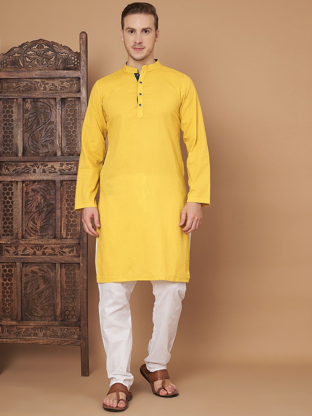 

FABRIC FITOOR Men Pure Cotton Printed Kurta, Yellow
